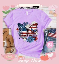 Women Basic American Independence Day Star Stripe Flag Butterfly Printed Round Neck Short-sleeved T-shirt American Independence Day, American Independence, Butterfly Print, Independence Day, Round Neck, Shop Now, Flag, Stars, Purple