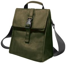 a green bag with a black strap and an open pocket on the front, sitting in front of a white background