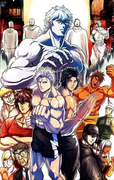 an anime poster with many different characters in the same group, including two men and one woman