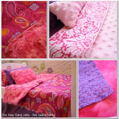 four different pictures of pink and purple bedspreads