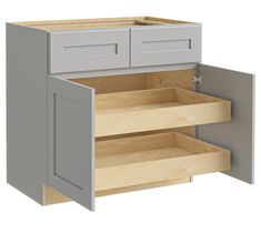 an open cabinet with two drawers on the bottom and one drawer in the middle, is shown