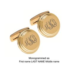 "These gold cufflinks can be custom engraved with a name, date or monogrammed initials. Personalized cufflinks make great wedding gifts for your groomsman or best man. The high polished gold finish looks stunning when personalized with an engraving. All of our high quality cufflinks are precision laser engraved by our expert team of engravers with a very quick turnaround time. Material: Hand Polished Stainless Steel Plated with Gold Dimension: 0.625\" x 0.625\" Black Leatherette Gift Box How To Adjustable Gold Cufflinks For Business, Gold Polished Finish Cufflinks For Gift, Engraved Cufflinks For Business And Father's Day, Father's Day Engraved Gold Cufflinks, Classic Cufflinks With Engraving Option For Father's Day, Father's Day Gold Engraved Cufflinks, Classic Personalized Adjustable Cufflinks, Classic Engraved Jewelry For Formal Occasions, Classic Formal Jewelry With Engraved Text