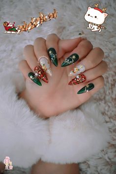 "♥ BUSHELS OF FUN: Part 1 of my Christmas Collection! 🎄- ALMOST SOLD OUT for this holiday season - LIMITED QUANTITIES AVAILABLE! ♥ All rhinestones (not including large jewels) are GENUINE Swarovski crystals. Gold/silver accents are NOT real gold/silver. Please be aware of this when frequently exposing your nails to water. Designs can be made in a different color or finish if preferred. Please message me before placing your order if this applies to you. This is to ensure that I have the right su Nails Holiday Christmas, Nail Red And White, Christmas Nails Crazy, Character Nails Designs, Disney Christmas Nail Art, Christmas Nails With Gems, Vintage Christmas Nails, Tropical Christmas Nails, Nails Christmas Green