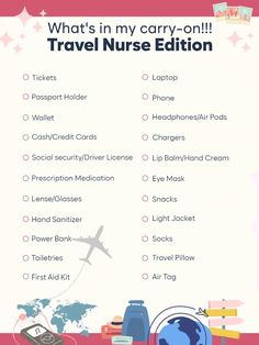 the travel nurse checklist is shown with luggage and items on it, including an airplane