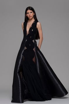 Deep V neckline side patterned A line dress - HerTrove Dress And Necklace, Isabel Sanchis, V Neck Black Dress, Cold Shoulder Gown, Glamour Dress, Plunging Neck, Tulle Ball Gown, Gowns With Sleeves, Line Dress