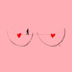 a person walking on a tightrope between two hearts