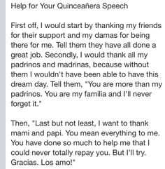 the text on this page reads, help for your quincaatera speech first off i would start by thinking my friends for their support and