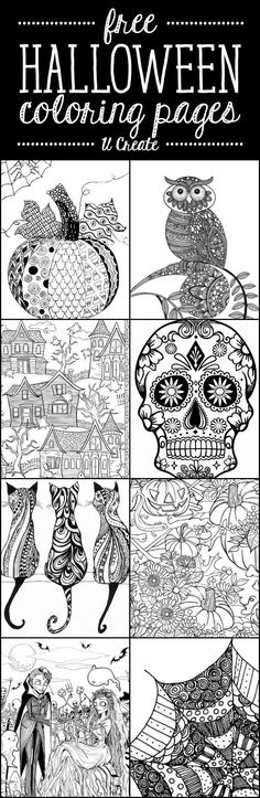 halloween coloring pages for adults and children with skulls, cats and pumpkins on them