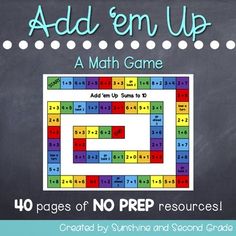 an addition game with the words add'em up on it, and a blackboard background