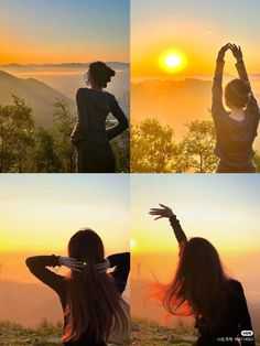 four different pictures of a woman with her hands up in the air at sunset or sunrise