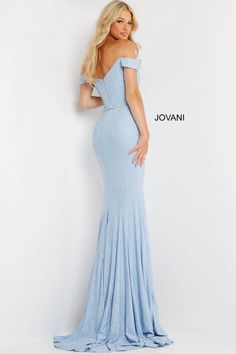 Jovani 06281 Light Blue High Slit Glitter Prom Dress Be impressed with the statuesque style of this Jovani 06281 creation. Rendered with a lattice patterned glitter design, this stunner shows an off shoulder neckline with a midrise back. Styled with a high slit, the skirt creates a mermaid silhouette with a train. . Flourish fine elegance in this Jovani masterpiece. Model is wearing the Light Blue color. Style: jovani_06281 Fabric: Glitter Details: Plunge Bodice, High Slit, Mid-Open Back, Zipper Glitter Prom Dress, Bridesmaid Look, Jersey Prom Dress, Mermaid Gown Prom, Fitted Gowns, Mnm Couture, Satin Prom Dresses, Off Shoulder Neckline, Off Shoulder Gown