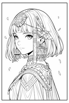 an anime character with long hair and bangs, in black and white coloring book page