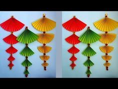 two pictures of different colored paper umbrellas hanging on the wall, one with red and green colors