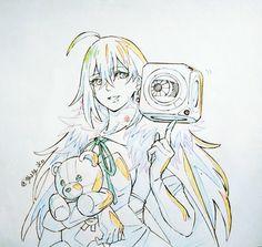 a drawing of a girl holding a camera and a stuffed animal in her hand,