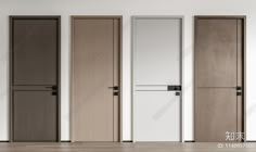 three doors in an empty room with wood flooring