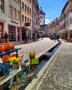 a bike parked on the side of a cobblestone road next to flowers and potted plants