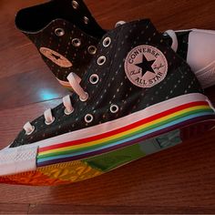 [Nwot] Converse Limited Edition Pride Edition These Are Super Cool Limited Edition Pride Edition Converse High Tops With Rainbow Lightning Bolts On Black. Soles Are Rainbow On Sides And Bottom Both. Finding This Style In Mint Condition Is Pretty Rare, So Grab Them While You Can. Brand: Converse Size: Women's 7; Men's 5 Style: High Tops With Rainbow Soles Condition: Mint / Never Worn.. Have Been Stored In A Plastic Show Box In A Smoke Free, Perfume Free, Cat Free Home. Feel Free To Comment Or Mes Converse With Butterflies, Converse Gloves, Customizing Converse, Rainbow Aesthetic Outfit, Converse Decorated, Punk Converse, Decorated Converse, Neon Converse, Pride Converse