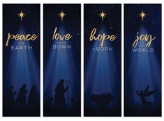 three vertical banners with the words, love, hope, and jesus in gold lettering