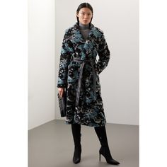 Black floral faux fur (100% Polyester). Jacket. Long sleeves. Collar. Tie closure. 47" from shoulder to hemline. Imported. Bold Floral Print, Polyester Jacket, Rent The Runway, Closet Designs, Jacket Long, Hutch, Blue Print, Black Floral, Blue Black