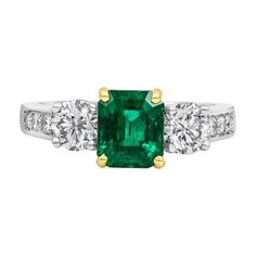 Emerald And Diamond Engagement Ring, Emerald Set, Three Stone Engagement, Three Stone Engagement Rings, Radiant Cut, Green Emerald, Emerald Diamond, Jewelry Rings Engagement, Round Brilliant Cut Diamond