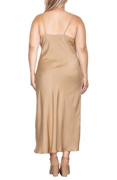 Glossy satin accentuates the graceful drape and bias cut of a classic slipdress that works for fun or fancy occasions. 54" length Cowl neck Adjustable straps 100% polyester Machine wash, tumble dry Imported Solid Satin Slip Dress For Date Night, Sleeveless Beige Slip Dress Bias Cut, Sleeveless Bias Cut Beige Slip Dress, Sleeveless Bias-cut Beige Slip Dress, Solid Satin Finish Slip Dress For Night Out, Solid Color Satin Finish Slip Dress For Night Out, Beige Satin Slip Dress With Spaghetti Straps, Beige Satin Slip Dress For Party, Chic Solid Color Bias Cut Slip Dress