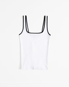 Women's Essential Tuckable Squareneck Rib Tank | Women's Tops | Abercrombie.com White Elastane Cami Top, Fitted White Top With Tank Straps, White Ribbed Top With Tank Straps, White Elastane Tank Top, White Elastane Camisole Tank Top, White Fitted Top With Tank Straps, White Elastane Camisole Top, White Fitted Tank Top For Everyday, Summer Cami Tops With Minimal Stretch