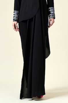 Black blazer with asymmetric flared panel and metallic tube beads embroidered cuffs. Paired with matching pant. - Aza Fashions Embroidered Cuffs, Pant Women, Pant For Women, Tarun Tahiliani, Pant Sets, Girl Online, Indian Designer Wear, Kids Pants, Tube Beads