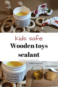 wooden toys with text overlay that reads kids safe wooden toys sealant 3 parts give oil