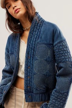 In The Clouds Quilted Jacket | Free People Crop Coat Outfit, Quilted Jacket Outfit, Quilt Coats, Patchwork Quilt Jacket, Short Jackets, Golden Fleece, Rockabilly Outfits, Denim Quilt, Denim Ideas