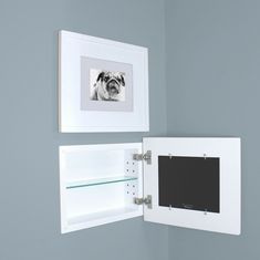 a white wall mounted shelf with two pictures on it and a dog's face