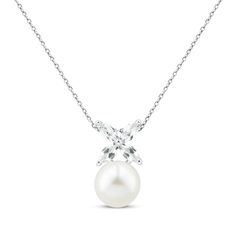 Dress up her look with the fashion-forward style of this cultured pearl necklace. Crafted in sterling silver Four sparkling marquise-shaped white lab-created sapphires come together at the bail A round 8mm freshwater cultured pearl is the lustrous focal point The pendant slides along an 18-inch cable chain that secures with a lobster clasp Formal Cubic Zirconia Pearl Necklace, White Marquise Cubic Zirconia Necklace, White Cubic Zirconia Marquise Necklace, Classic White Marquise Necklaces, Diamond White Pearl Necklace, White Pear-shaped Cubic Zirconia Necklace, White Lab, Cultured Pearl Necklace, Jewelry Lookbook