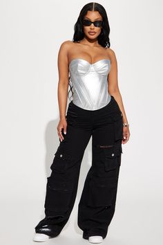 Available In Silver. Faux Leather Corset Underwire and Boning Back Zipper Closure Fully Lined Stretch 100% Polyurethane Lining: 100% Polyester Imported | Bae For Tonight Faux Leather Corset Top in Silver size Large by Fashion Nova Silver Corset Outfit, Silver Corset, Leather Corset Top, Corset Outfit, Sweater Jumpsuit, Leather Corset, Silver Tops, Shirts Blouses, Black Bottoms