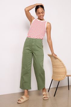 Utility-style pockets top these versatile wide leg pants by Pistola featuring a high-rise fit, stretch twill fabric, and ankle-length hems. Dress them up or down for wherever your day takes you. Spring Utility Wide Leg Chinos, Spring Utility Wide-leg Chinos, California Street Style, Utility Style, Utility Pants, Shoe Size Conversion, Pocket Top, Twill Fabric