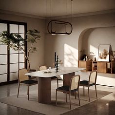 a dining room table with chairs and a potted tree in the corner next to it