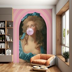 a room with a large painting on the wall and a pink bubble coming out of it