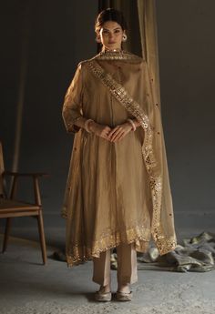 Begum Pret | Beige A-Line Asymmetrical Kurta Set | INDIASPOPUP.COM Intricate Mirror, Luxury Pret, Punjabi Outfits, A Line Kurta, Festive Collection, Hand Work Embroidery, Organza Dupatta, Embroidered Neckline, Kurta With Pants