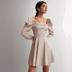 Lasaky - Satin Bubble Sleeve Dress with Short Skirt and Square Neckline - Elegant and Fashionable Formal Attire Bubble Sleeve Dress, Sensual Dress, Sleeveless Pencil Dress, Kaftan Gown, Black Evening Gown, Velvet Bodycon Dress, Evening Gown Dresses, Faux Leather Dress, Bubble Sleeve