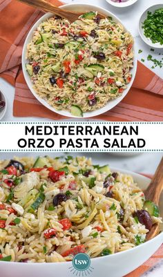 two pictures with different types of pasta in them and the words mediterranean orzo pasta salad