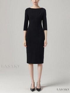 Lasaky - Classic Split Hem Long Sleeve Solid Color Midi Dress by GJX- Home for Women Black Knee-length Bodycon Office Dress, Black Knee-length Midi Dress, Black Stretch Midi Dress For Office, Black Stretch Midi Dress For The Office, Fitted Mid-length Black Dress, Black Non-stretch Midi Dress, Black Stretch Dresses For Work, Spring Office Black Bodycon Dress, Black Stretch Dress For Office Wear