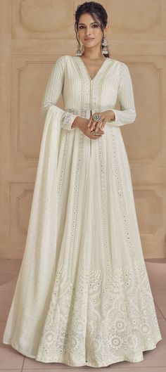 Mehendi Sangeet, Reception, Wedding White and Off White color Salwar Kameez in Georgette fabric with Palazzo, Slits Embroidered, Thread work : 1935041 White Anarkali Dress, White Anarkali Suits, Off White Anarkali, White Anarkali, Long Anarkali, Bridal Dupatta, Abaya Style, Anarkali Gown, Party Wear Lehenga