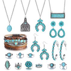 PRICES MAY VARY. 🌞【Western Turquoise Jewelry Set】：The Beautiful Bohemian Style Jewelry Set Includes 4 pcs Turquoise pendant necklace, 4 Pairs Of boho turquoise earrings, 1Pcs Layered Bracelet And 9Pcs western knuckle joint rings,These Beautiful Turquoise Jewelry Accessories Can Be Worn Alone Or Together. Various western jewelry style match your different outfit,making you more charming and unique. 💕【Meaningful Turquoise】Turquoise is a symbol of luck,strength,good luck and happiness. The turquo Turquoise Jewelry Western, Turquoise Jewelry Set, Cowgirl Accessories, Turquoise Dangle Earrings, Bohemian Style Jewelry, Western Purses, Dangle Earrings Boho, Turquoise Pendant Necklace, Turquoise Earrings Dangle