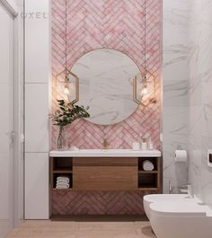 a bathroom with pink and white tiles on the walls, a round mirror above the sink