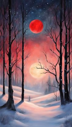 a painting of a snowy landscape with trees and a red moon