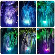 several different images of the same plant with lights in it and water flowing from them