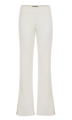 The ALICE pant is designed with our luxe stretch crepe fabric. Precisely crafted to accentuate the silhouette. The tailored style features a high waist design and flare boot cut with side slits for a refined look. Fully lined to ensure a flawless fit and eliminate any transparency, making the ALICE pants a versatile wardrobe essential. White stretch crepe Double layered Flare boot Open side slits High waisted invisible side zipper Fully lined Dry clean only Designed in USA Model wears a size Sma Micro-elastic White Elastane Bottoms, White Micro-elastic Elastane Leggings, White Elastane Pants With 4-way Stretch, Bodycon Gown, Tailored Style, Belt Jumpsuit, Bodysuit Top, Minimalist Dresses, Versatile Wardrobe