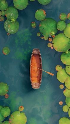 a small boat floating on top of a body of water surrounded by green lily pads