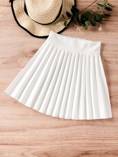 Young Girl Solid Pleated High Waist Skirt White Casual   Fabric Plain Pleated Slight Stretch  Young Girls Clothing, size features are:Bust: ,Length: ,Sleeve Length: White Pleated Skirt, Skirts For Kids, Petite Women, Cute Skirts, Bra Women, Eos, White Casual, White Skirts