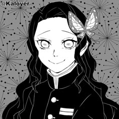 an anime character with long hair and butterfly wings on her head, in black and white