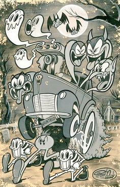 an old car with cartoon characters on the front and side, painted in black and white