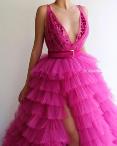 Hot Pink Prom Dresses, Layered Prom Dress, Velvet Leaves, Magenta Dress, Vestidos Color Rosa, A Line Evening Dress, V Neck Prom Dresses